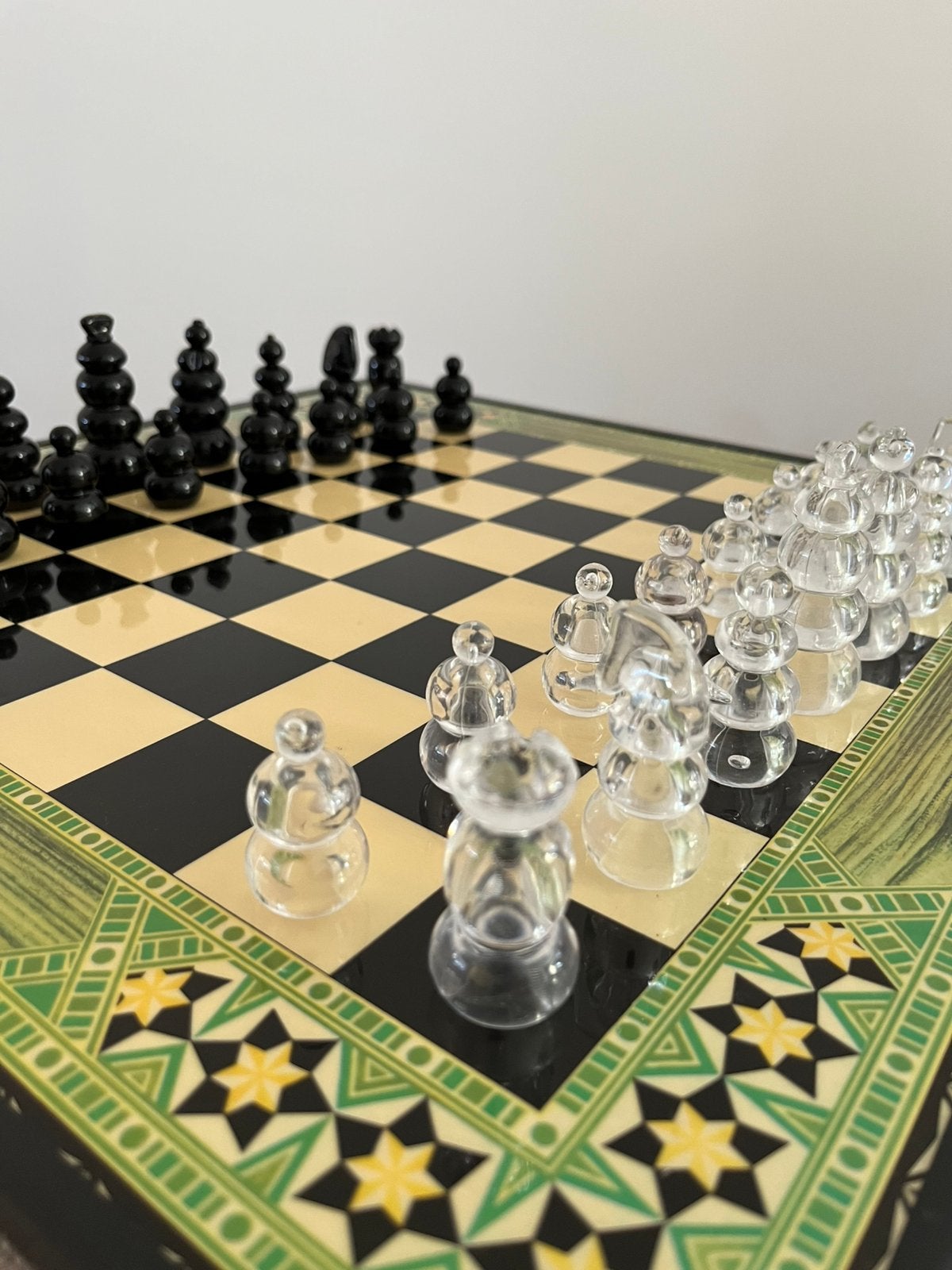 Vintage schaakbord + schaakstukken design chessboard schaken, Hobby en Vrije tijd, Ophalen of Verzenden, Gebruikt