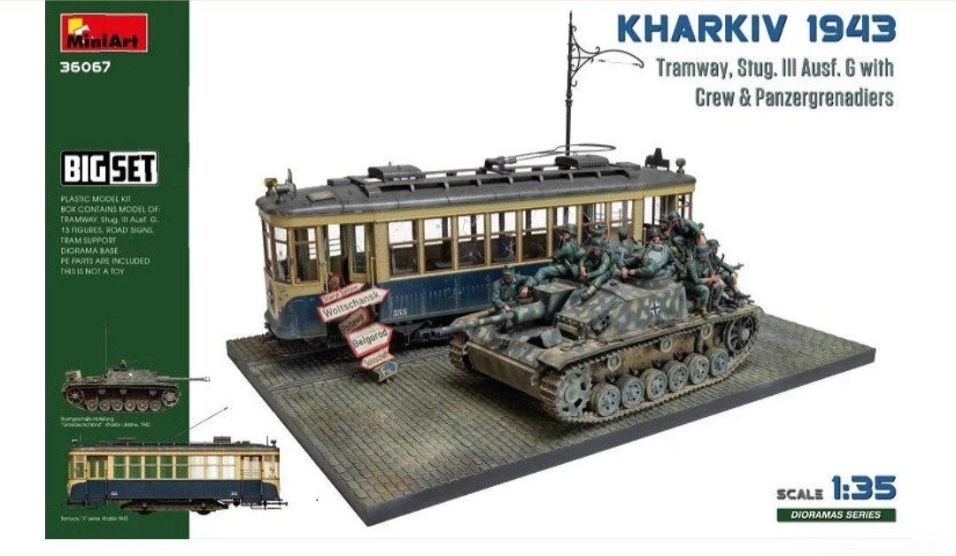 MiniArt Kharkiv 1943 Tram & StuG III met Crew, Ophalen of Verzenden, Nieuw, 1:35 tot 1:50, Diorama