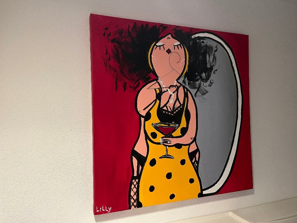 Vrolijk schilderij 'Vrouw voor de spiegel', Antiek en Kunst, Ophalen, Handgeschilderd, Abstract