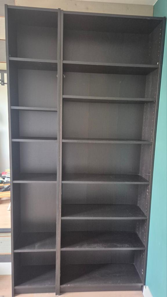 IKEA Billy boekenkast met opzetstuk, zwartbruin, Ophalen, Met plank(en), Gebruikt, 200 cm of meer