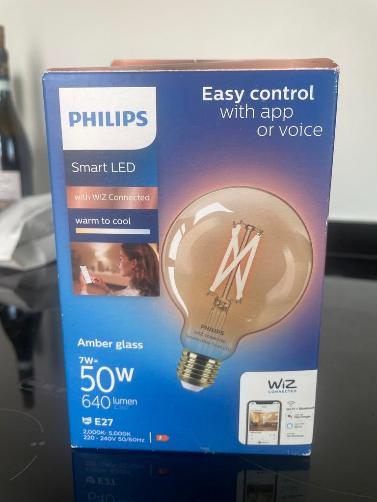 Nieuw! Philips Smart LED WiZ Connected E27 Amber Glas 7W=50W, 30 tot 60 watt, Led-lamp, Nieuw, E27 (groot)