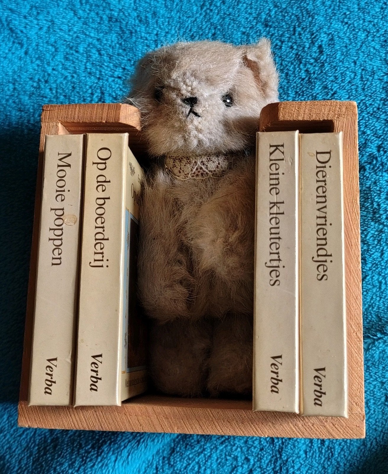 Schattige teddybeer met miniboekjes in houten houder, Ophalen of Verzenden, Zo goed als nieuw, Overige typen