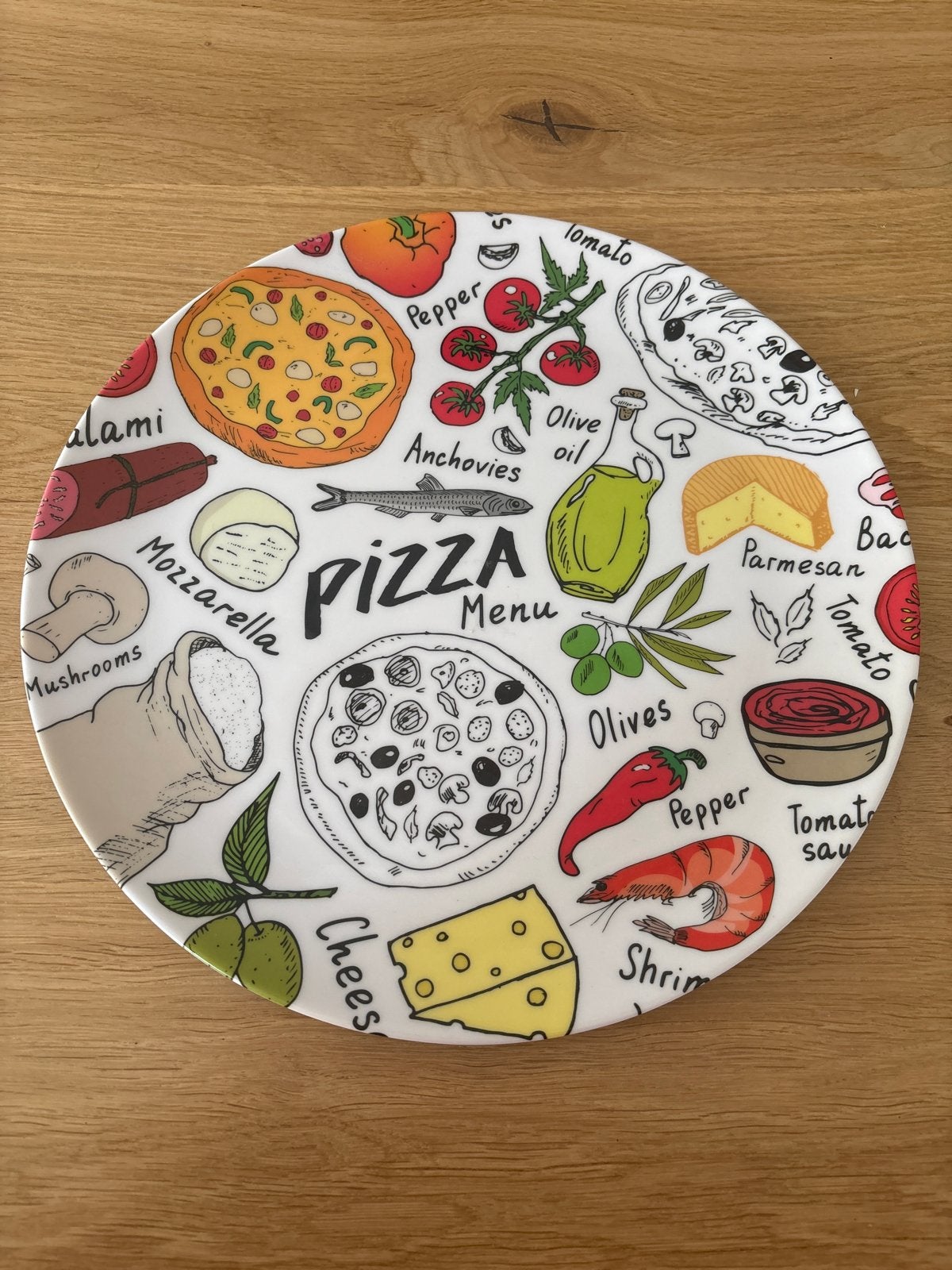 Pizza bord met Italiaanse ingrediënten design, Gebruikt, Keramiek, Ophalen of Verzenden, Bord(en)