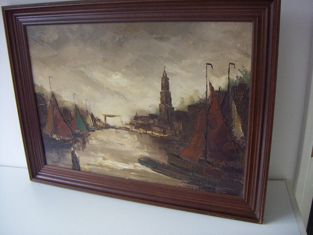 Jordan. Donkere wolken boven Amsterdam en Montelbaan., 50 tot 75 cm, Ophalen of Verzenden, Zo goed als nieuw, Schilderij