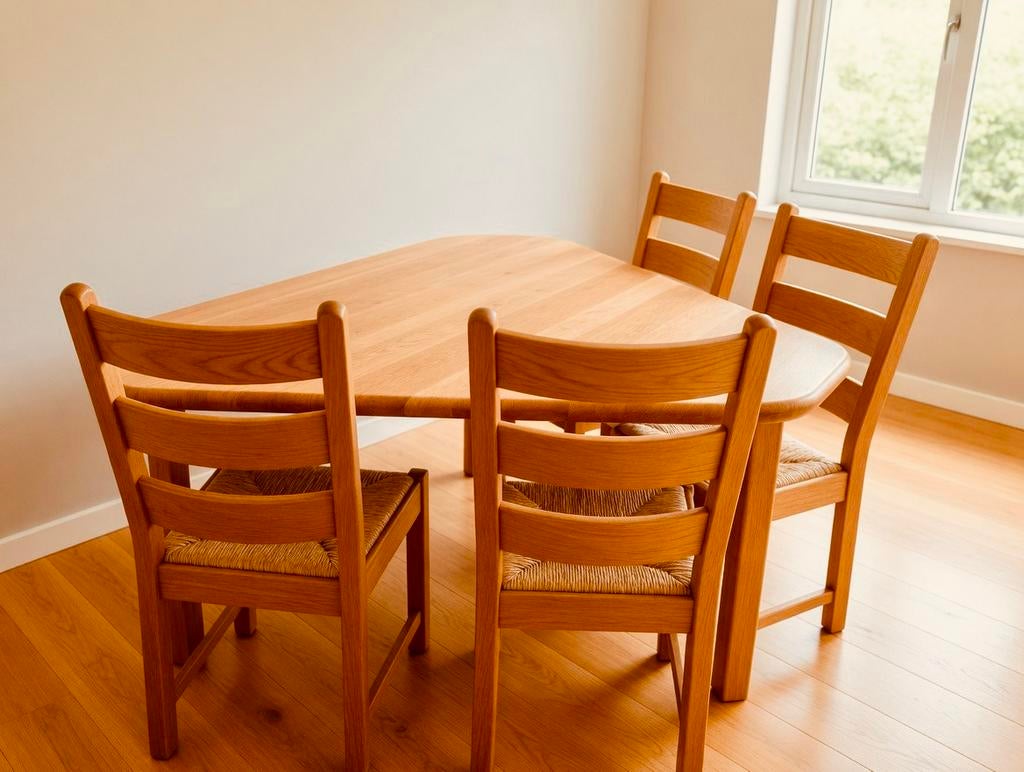 Massief blank eikenhouten eettafel, 4 bijbehorende stoelen, Huis en Inrichting, Tafels | Eettafels, Ophalen, 50 tot 100 cm, Zo goed als nieuw