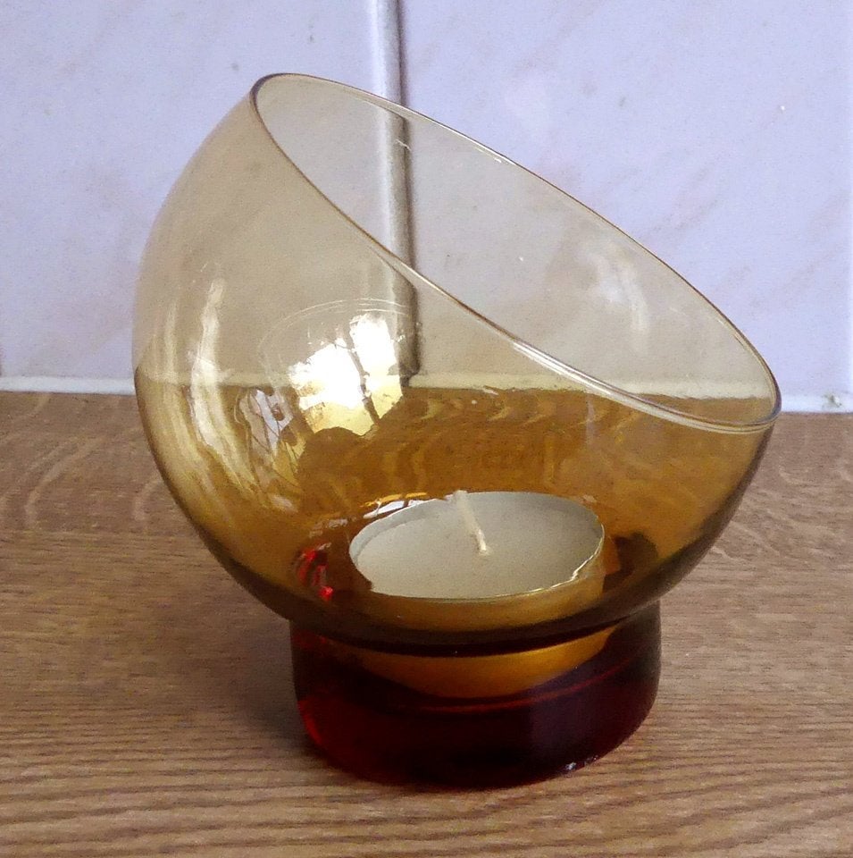Waxinelichthouder partylight amber glas asymmetrisch, 10 cm, Gebruikt, Bruin, Waxinelichthouder