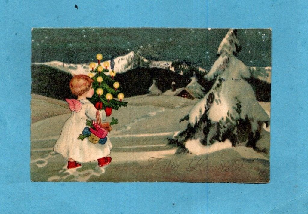 Mooie oude kerstkaart W439 - Engeltje/kerstboompje/kado's, Verzamelen, Ophalen of Verzenden, 1920 tot 1940, Gelopen, Feest(dag)