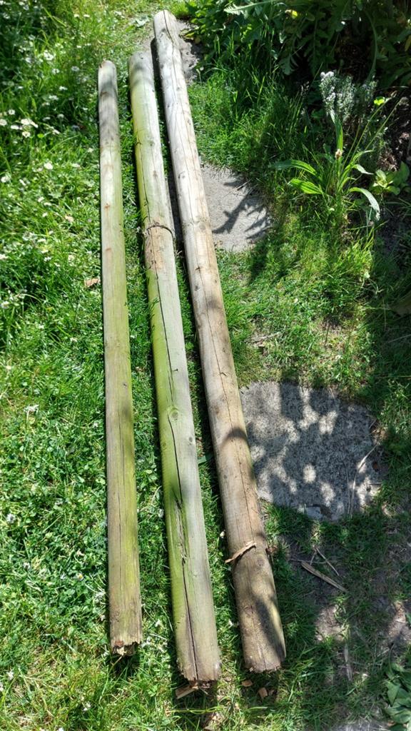 Gratis ophalen 3 tuinpalen rond, zonder punt, Tuin en Terras, Palen, Balken en Planken, Ophalen, Gebruikt, Minder dan 180 cm, Palen