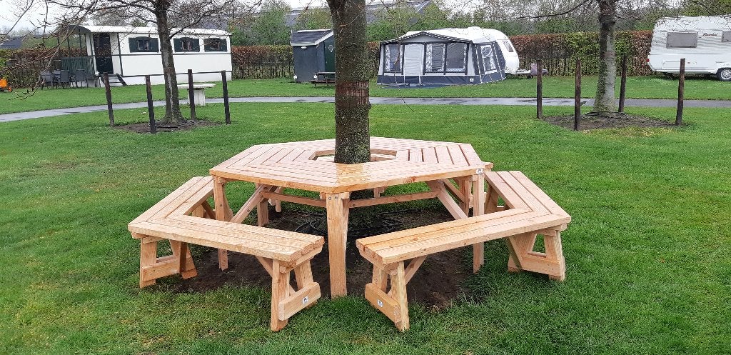 Robuuste boomtafel -boombank  | Ø 140–400 cm | op maat, Tuin en Terras, Ophalen of Verzenden, Nieuw, Rond, Hout