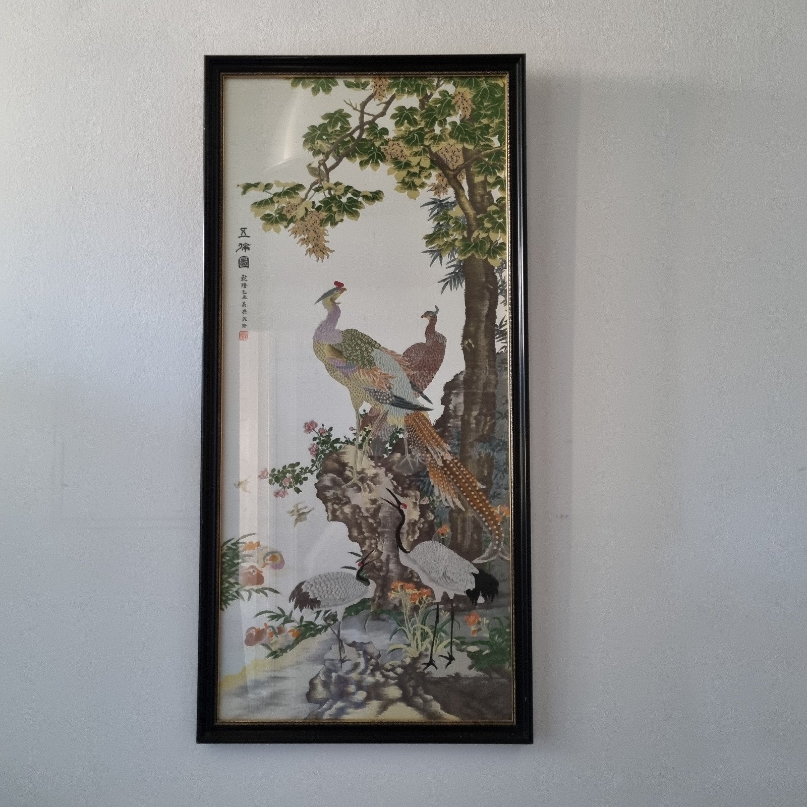 Chinees zijden borduurwerk met pauwen en kraanvogels, Antiek en Kunst, China, Meerkleurig, Ophalen, Ingelijst