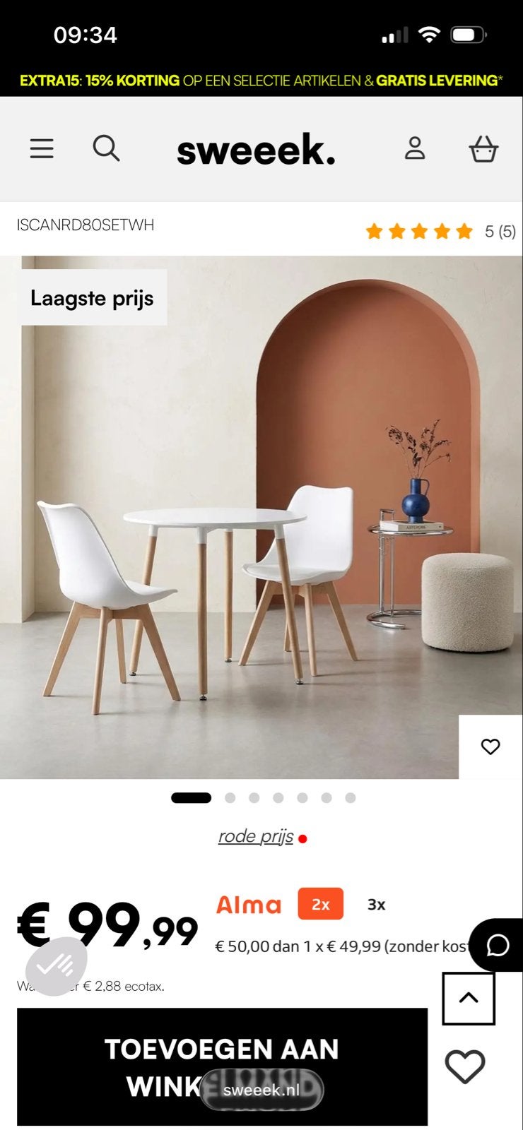 Moderne ronde eettafel met 2 stoelen - Wit/Hout, Huis en Inrichting, Tafels | Eettafels, Ophalen, 100 tot 150 cm, Rond, Tot twee personen