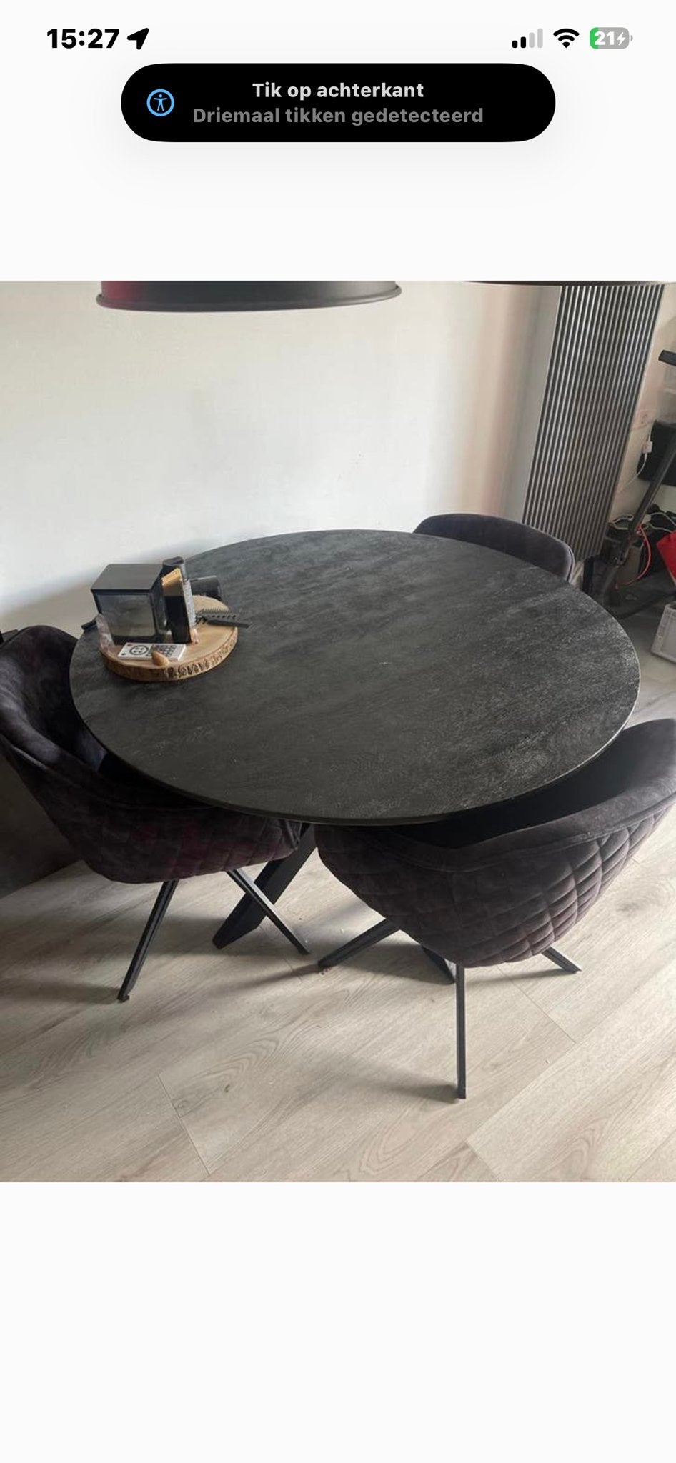 Moderne ronde eettafel met 4 stoelen, Huis en Inrichting, Tafels | Eettafels, Ophalen, Gebruikt, 100 tot 150 cm, Rond
