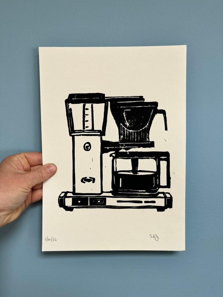 Linosnede afdruk retro koffiezetapparaat 21x29 cm, Ophalen of Verzenden