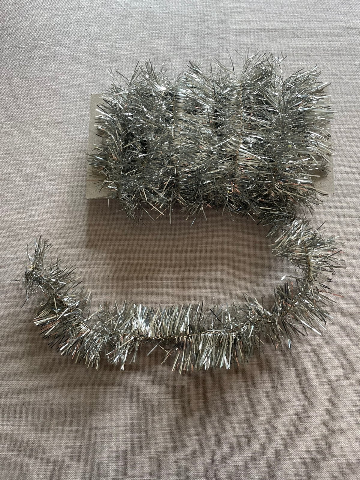 Vintage tinsel op katoenen draad kerst slinger 3,4 mtr.🎄, Ophalen of Verzenden, Gebruikt