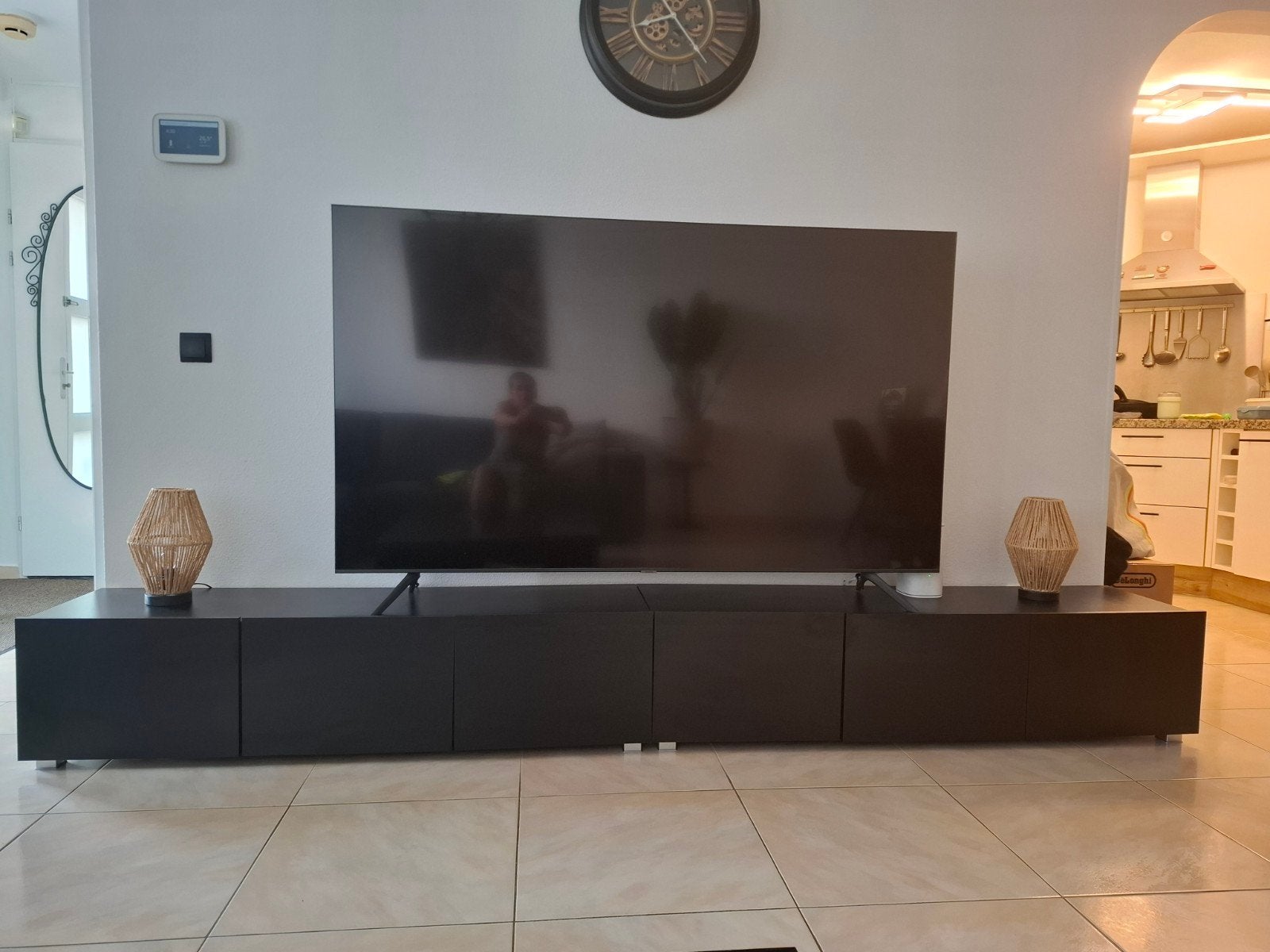 Zwart mangohouten tv-meubel van 300 cm, Huis en Inrichting, Kasten | Televisiemeubels, Ophalen, Gebruikt, Modern, Industrieel