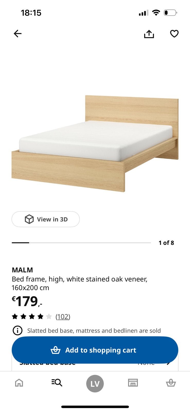 IKEA MALM Bedframe - Hoog, wit gebeitst eikenfineer, Huis en Inrichting, Ophalen, Gebruikt, Beige, Tweepersoons