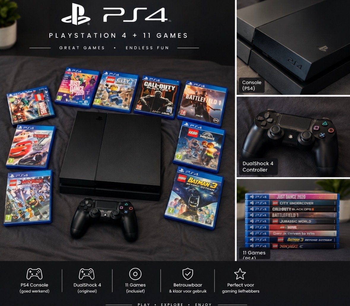 PlayStation 4 met 11 games en controller, Ophalen of Verzenden, Zo goed als nieuw, Met 1 controller, Original