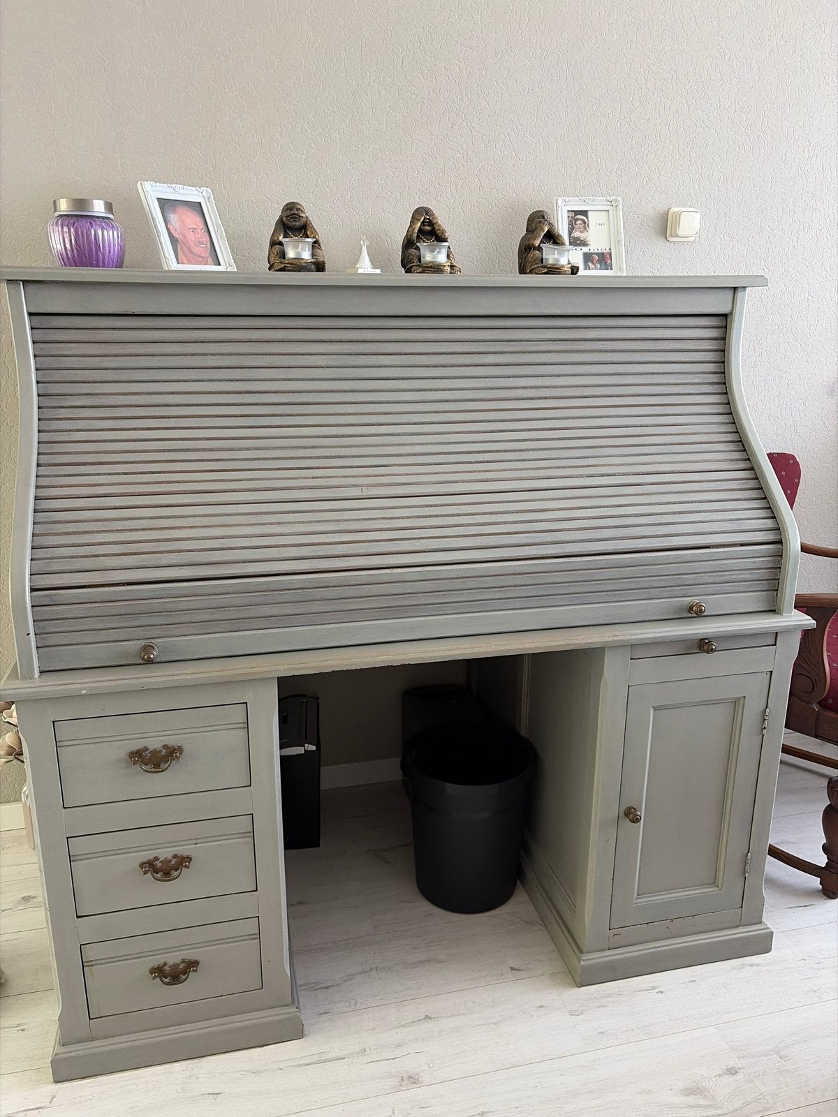 Vintage Rolltop Bureau - Grijs Hout met Opbergruimte, Ophalen, Gebruikt, Secretaire, Vintage