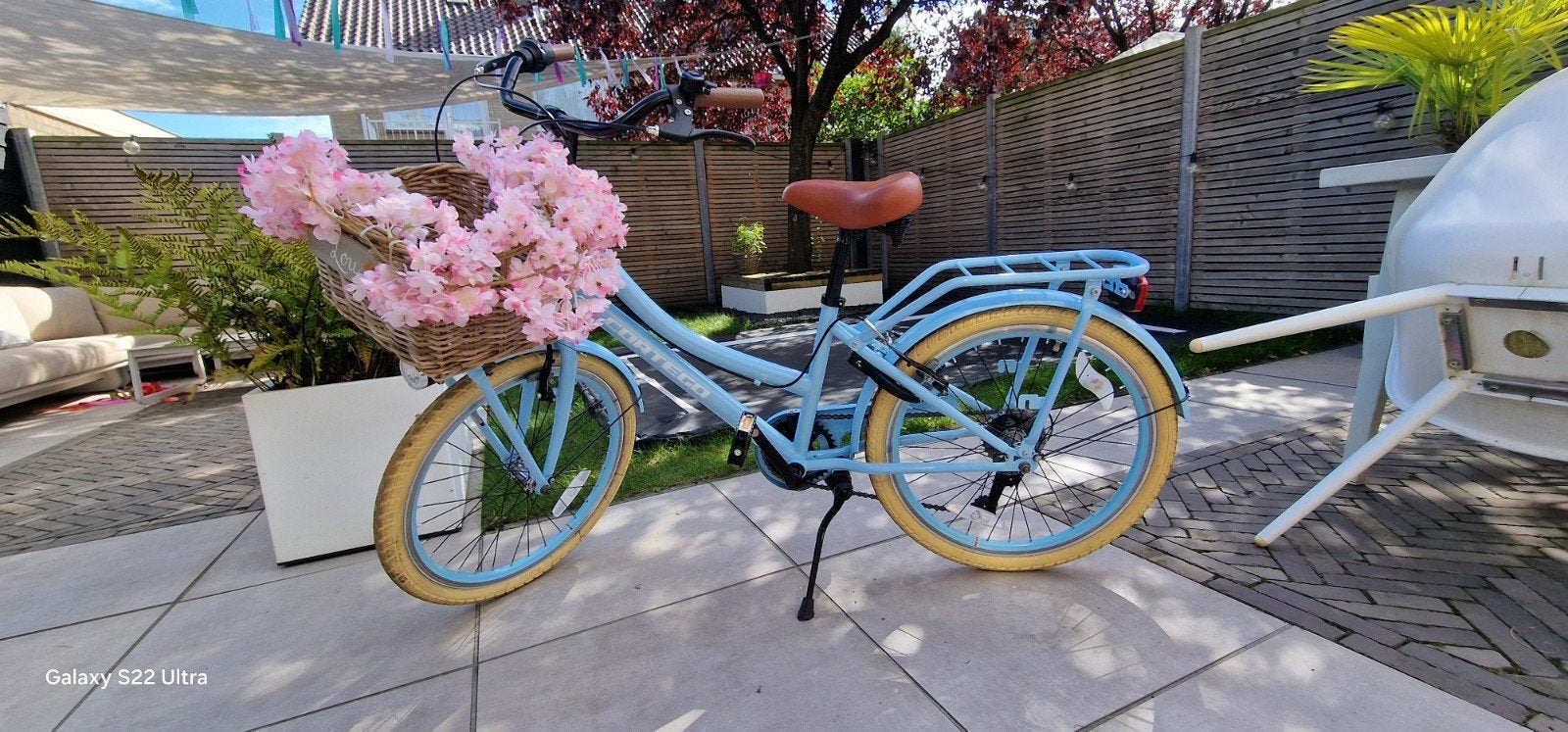 22 Inch blauwe fiets Cortego Transporter met mand en bloemen, Velgrem, Versnellingen, Zo goed als nieuw, Minder dan 47 cm