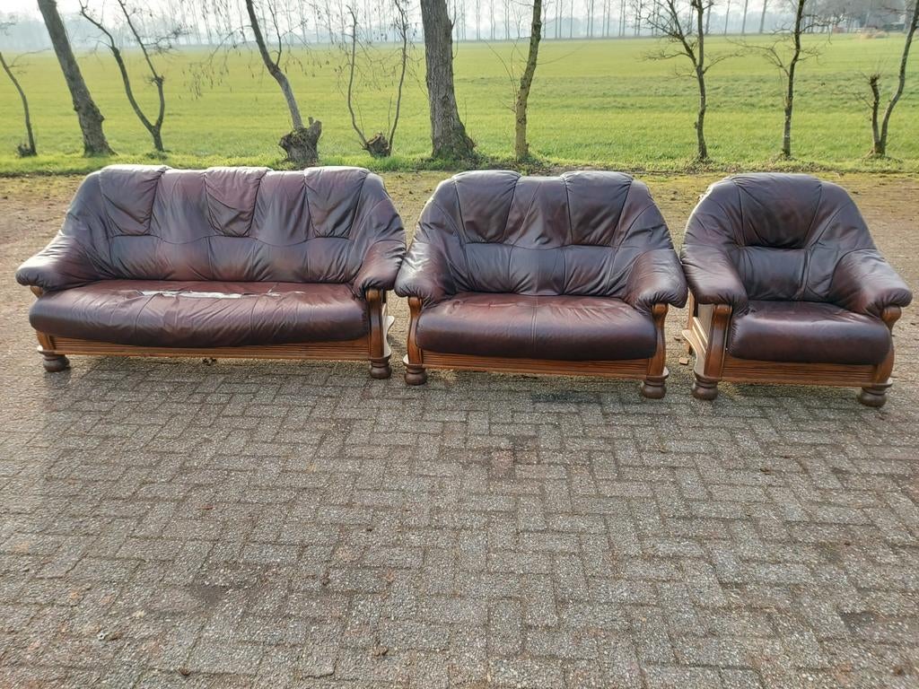Kuipbankstel eiken met leren kuipkussens opknapper export, Ophalen, Gebruikt, 75 tot 100 cm, Leer