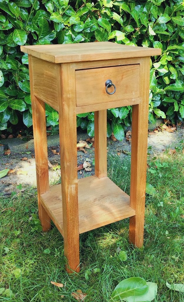 Bijzettafeltje telefoontafeltje plantentafel teak met lade, Ophalen, Minder dan 55 cm, Vierkant, Zo goed als nieuw