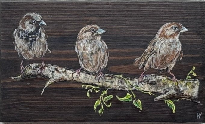Schilderij Musjes op gebeitst hout, Antiek en Kunst, Acrylverf, Hout, Handgeschilderd, Ophalen of Verzenden