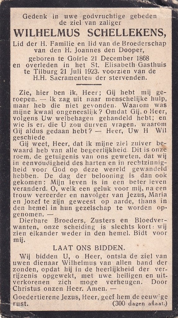 Schellekens Wilhelmus 1868 Goirle 1923 Tilburg, Ophalen of Verzenden, Bidprentje