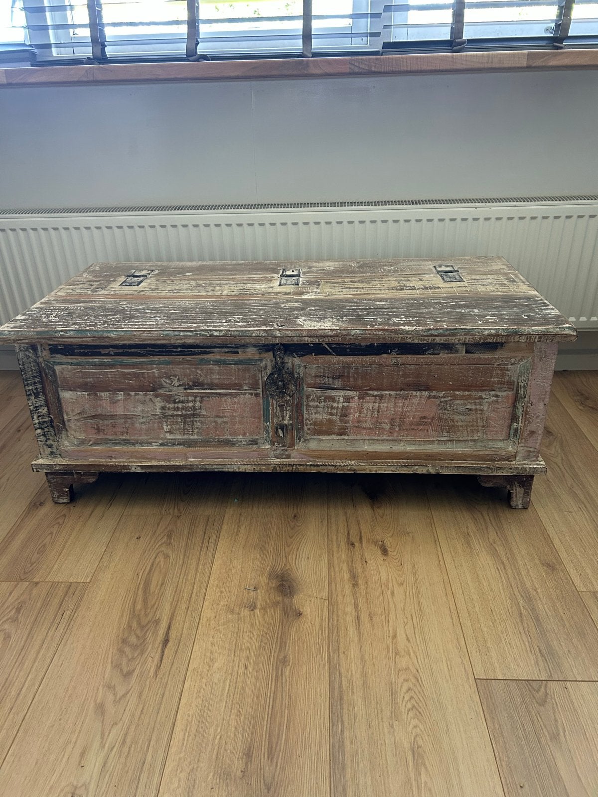 Vintage houten kist met verweerde look, Ophalen, 50 – 75, Gebruikt, 100 tot 150 cm