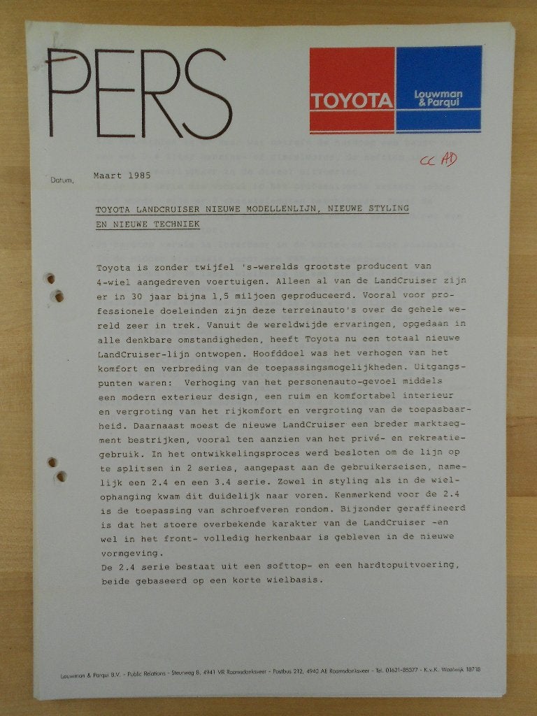 Toyota LandCruiser Persbrief Brochure 1985 Land Cruiser, Toyota, Ophalen of Verzenden, Zo goed als nieuw, Toyota