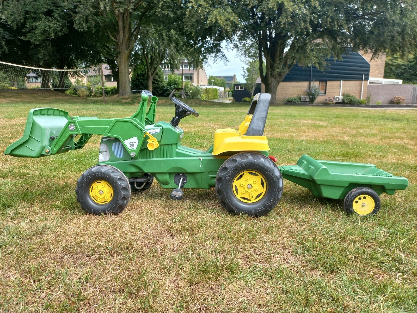 John Deere traptractor met voorlader en aanhanger, Ophalen, Gebruikt