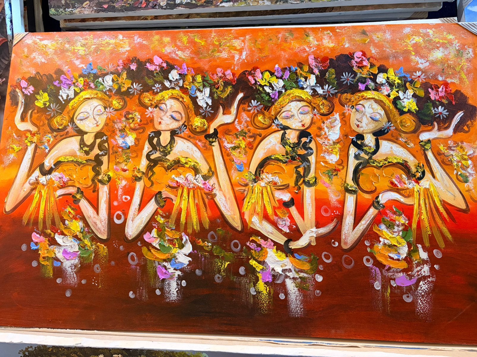 Prachtig schilderij uit Bali, 135 x 85 cm, 3D structuur, Acrylverf, Doek, Portret of Personen, Expressionistisch
