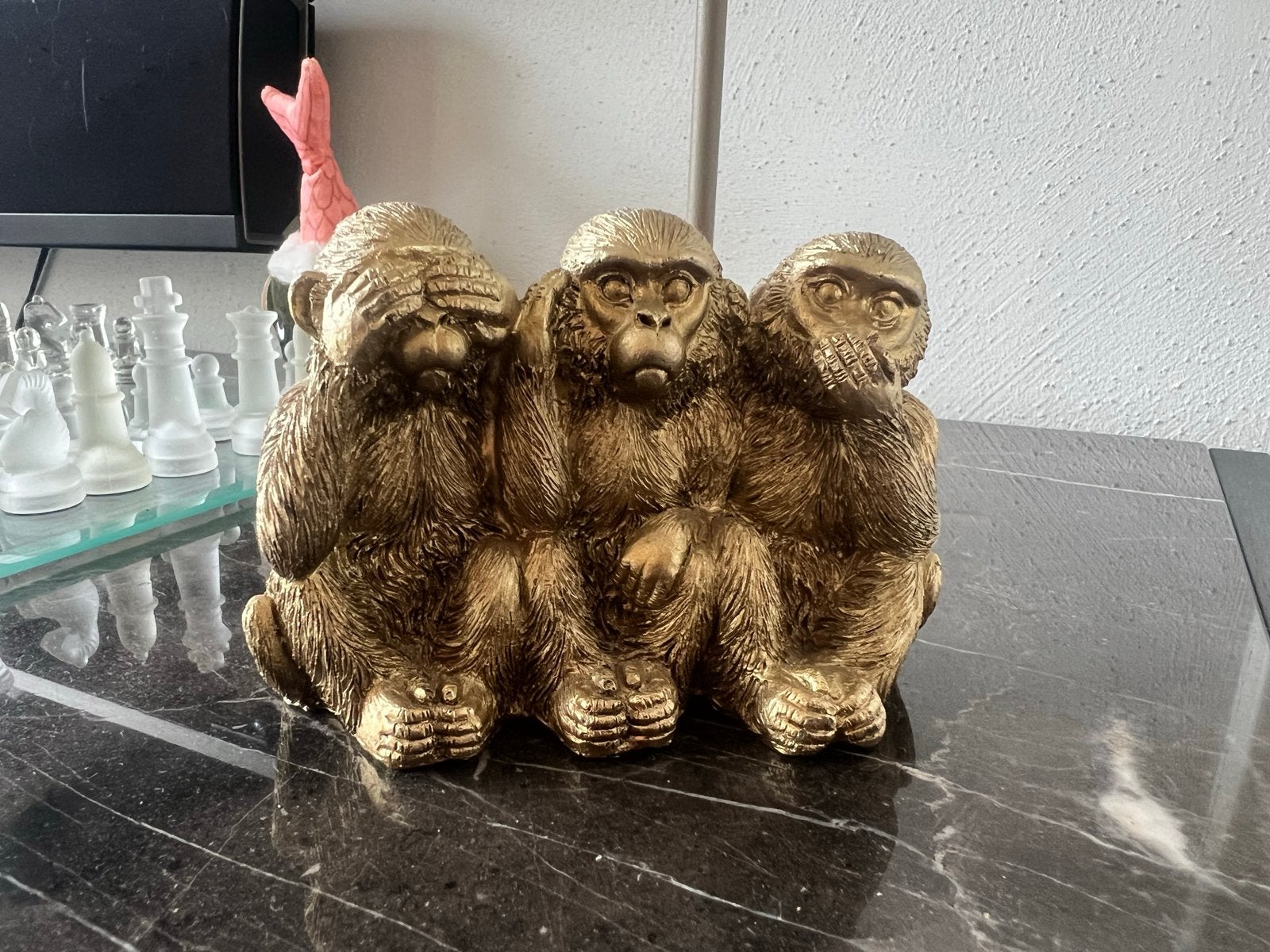 Gouden Beeldje Drie Wijze Apen - Horen Zien Zwijgen, Overige materialen, Ophalen of Verzenden, Zo goed als nieuw, Goud