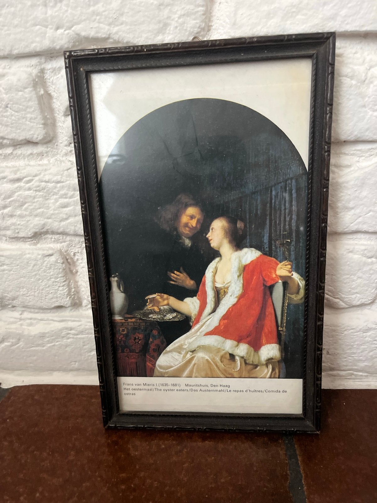 Ingelijste reproductie 'Het oestermaal' van Frans van Mieris, Minder dan 50 cm, Gebruikt, Oorspronkelijke maker, Ophalen of Verzenden