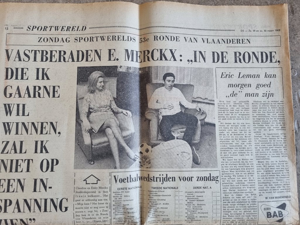 WIELRENNEN Interview Eddy Merckx (1969), Verzamelen, Ophalen of Verzenden, 1960 tot 1980, Knipsel(s)
