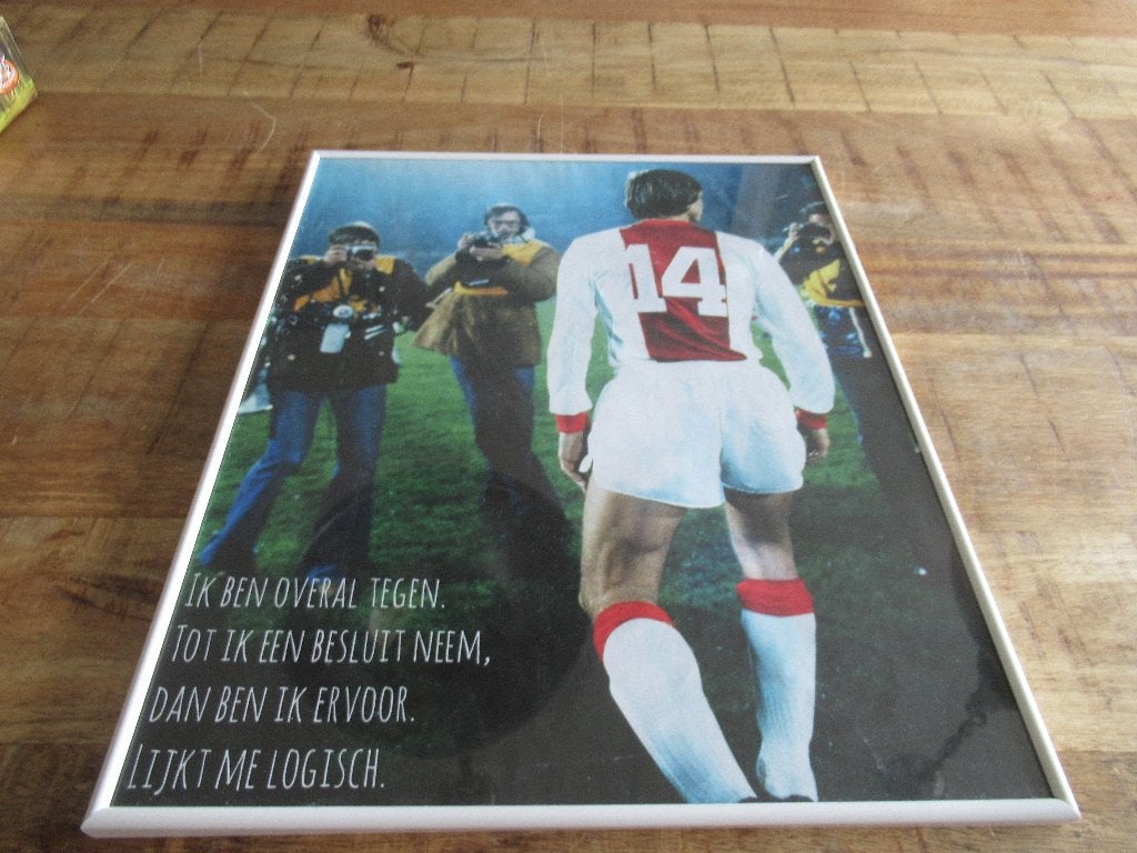 Ingelijste poster foto schilderij Johan Cruyff 14 met tekst, Ophalen of Verzenden, Gebruikt, Ajax, Poster, Plaatje of Sticker
