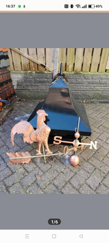 Schoorsteenkap glans zwart met windwijzer met haan, Ophalen