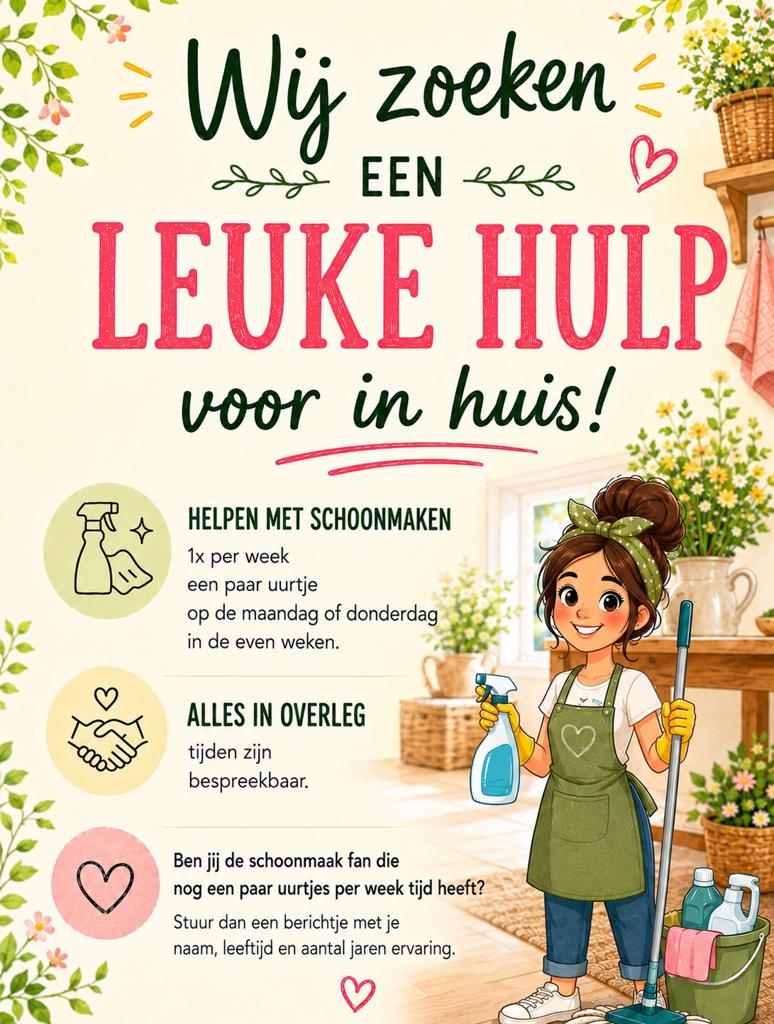 Schoonmaakster gezocht, Vacatures, Vacatures | Schoonmaak en Facilitaire diensten, Overige niveaus, Overige vormen