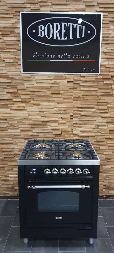 Luxe Boretti Fornuis 70cm hoogglans zwart + rvs 300 oven, Niet ingevuld, 60 cm of meer, Niet ingevuld, Zo goed als nieuw