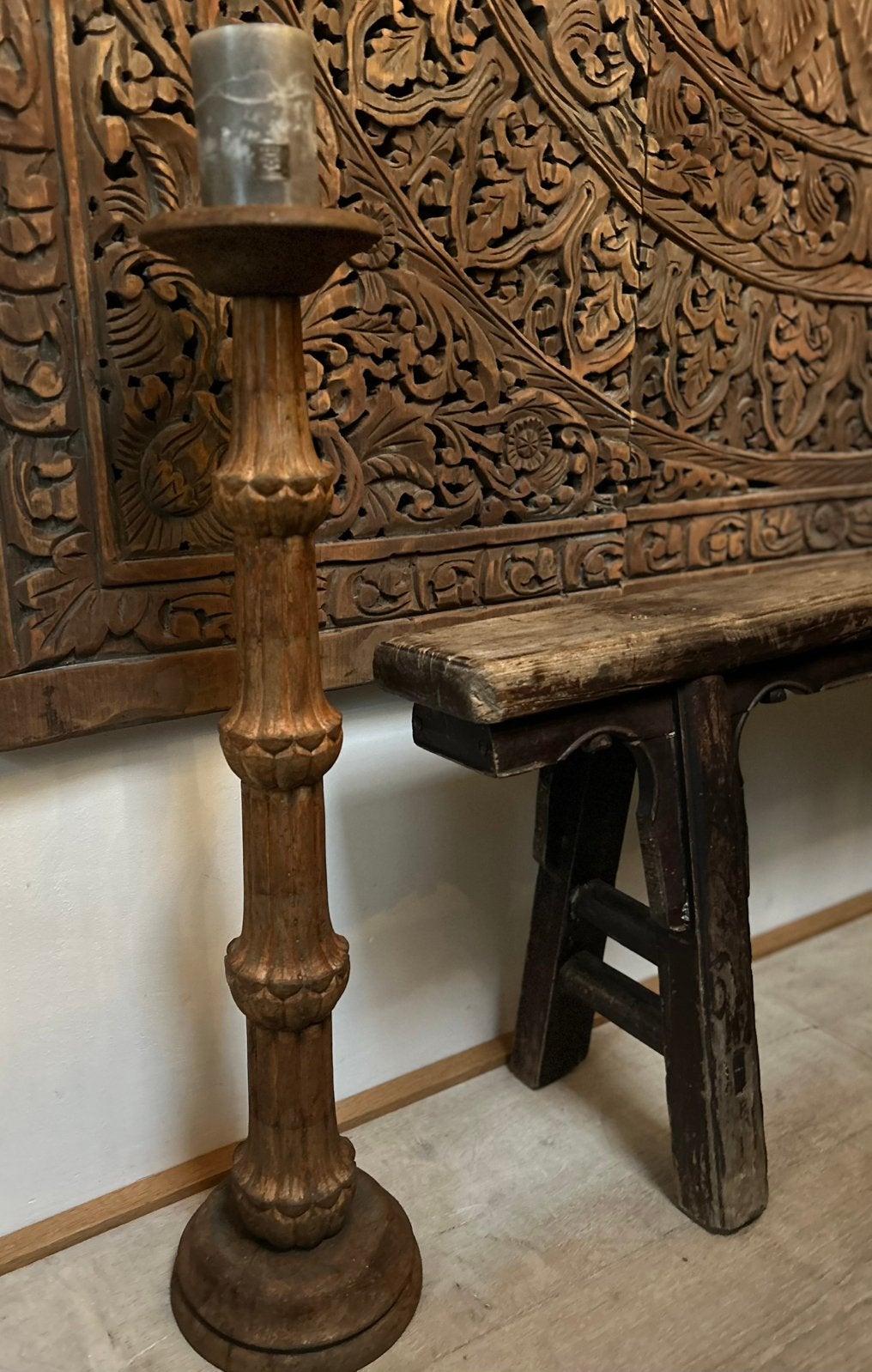 Houten vloerkandelaar India oosters sober sleets bohemian, Ophalen of Verzenden