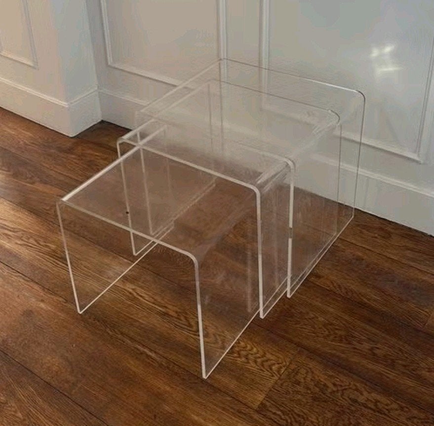 3x transparante bijzettafeltjes miniset van dik plexiglas/, Huis en Inrichting, Tafels | Bijzettafels, Kunststof, Vierkant, Ophalen of Verzenden