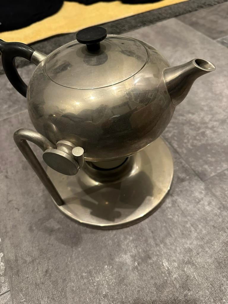 Vintage RVS theepot met rechaud / warmhouder – jaren 60/70, Ophalen of Verzenden, Gebruikt