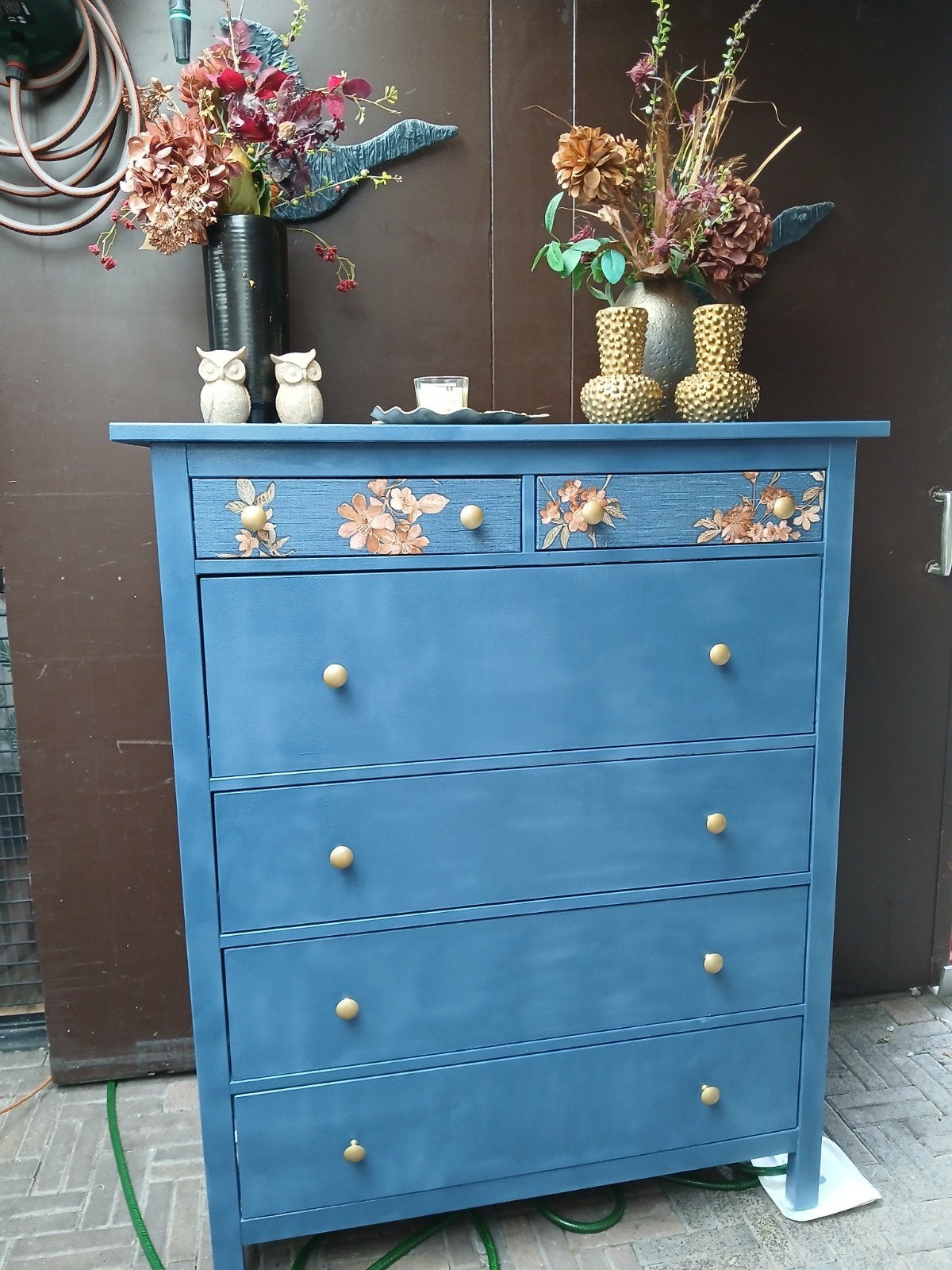 IKEA Hemnes ladekast - Blauw met bloemmotief, Ophalen, Gebruikt, 5 laden of meer, 100 tot 150 cm