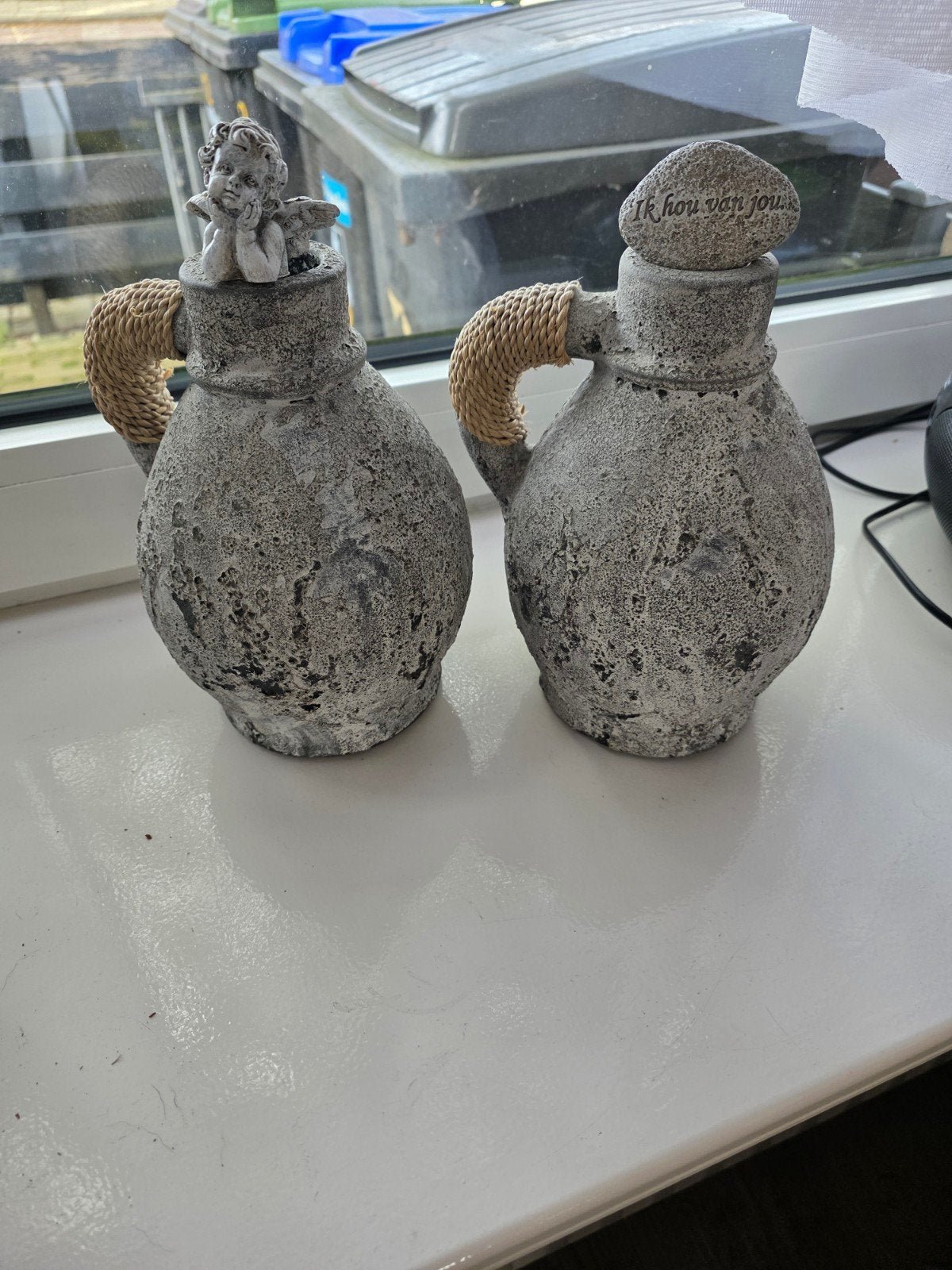Decoratieve vazen set - 21cm hoog, Ophalen, Gebruikt, Met patroon/structuur, Grijs