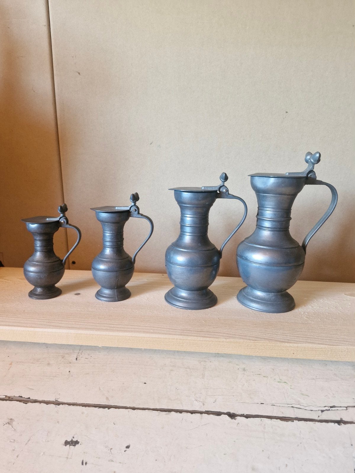 Set van 4 Antieke Tinnen Kannen met Deksel, Antiek en Kunst, Antiek | Tin, Ophalen of Verzenden