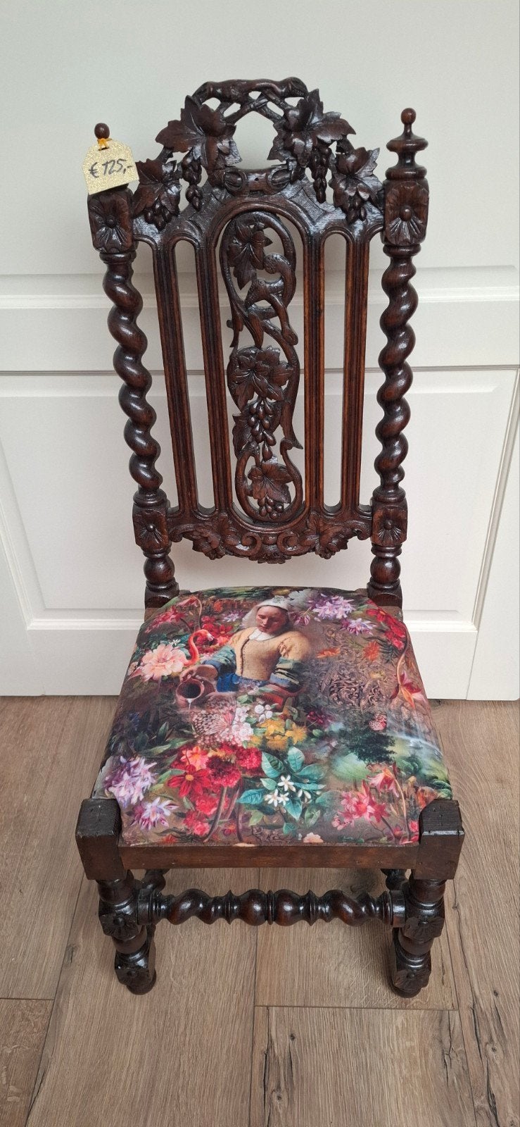 Antieke Houtsnijwerk Stoel met Nieuwe Bekleding, Antiek en Kunst, Ophalen