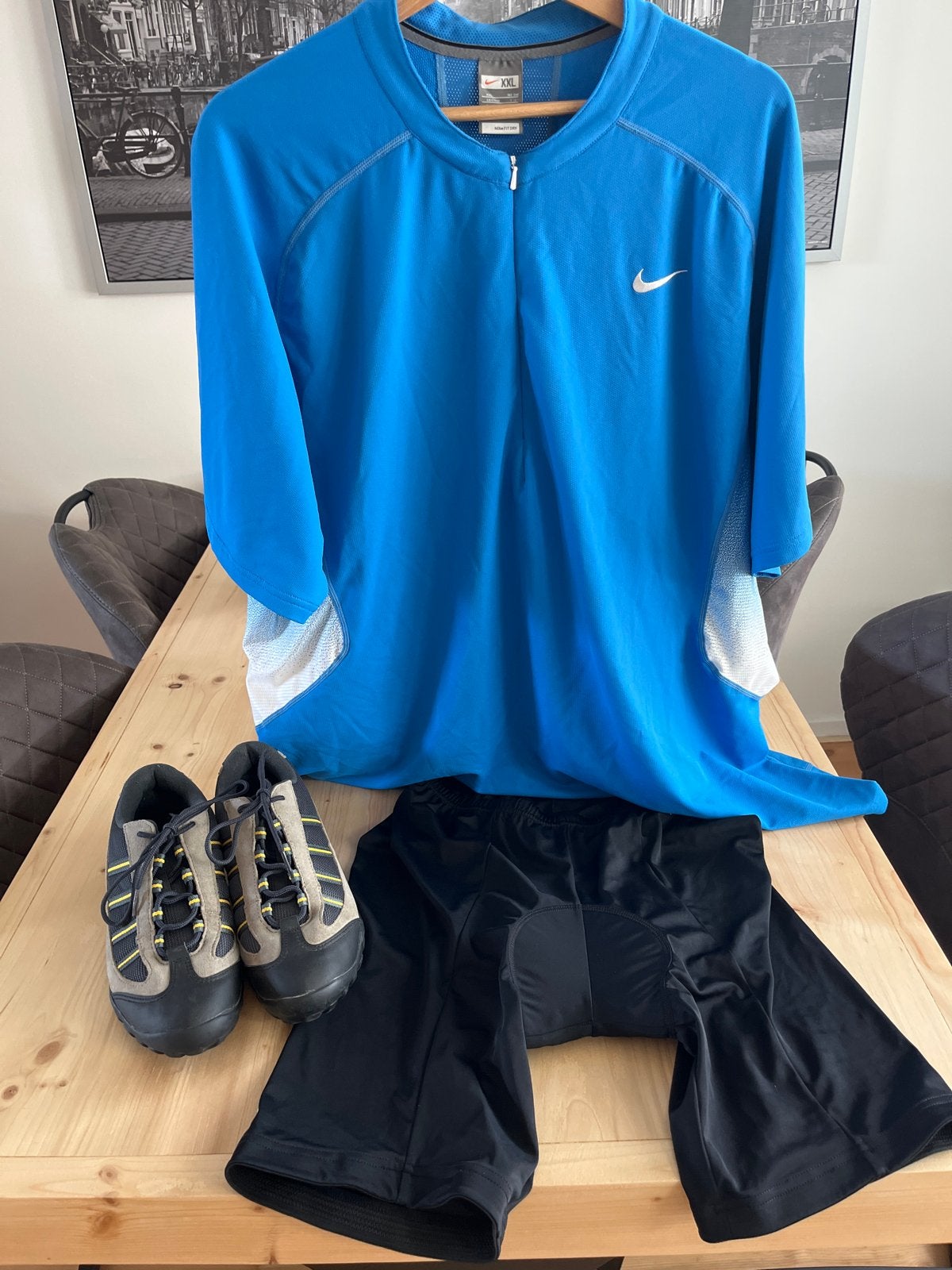 Fietskleding set: Nike shirt, broek en Shimano schoenen, Gebruikt, Heren, Overige maten, Ophalen of Verzenden