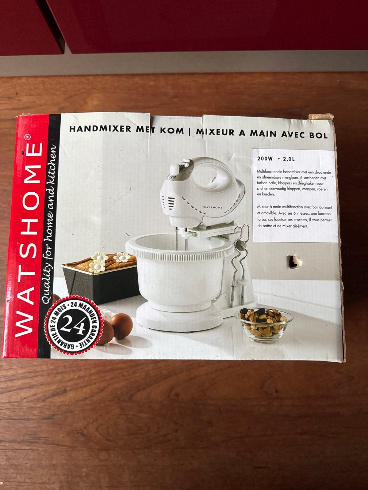 WatsHome Handmixer met Kom - 2L, 6 Snelheden, Turbo, 1 tot 2 liter, Ophalen of Verzenden, Nieuw, 3 snelheden of meer