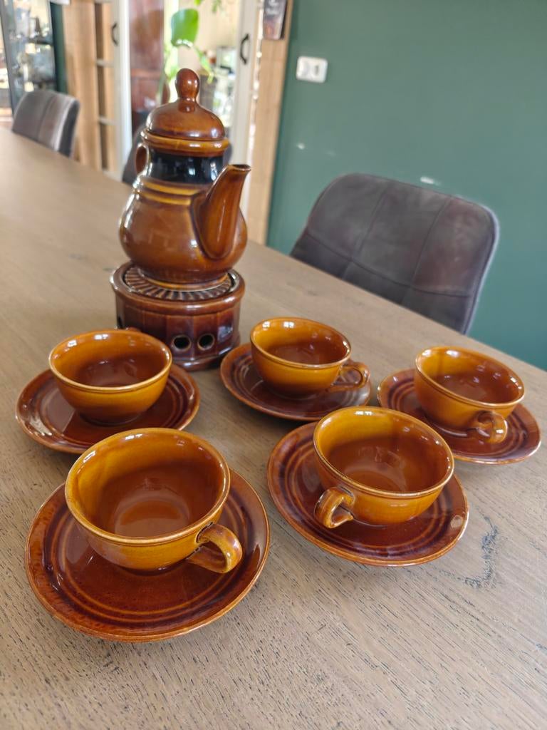 Vintage GDR koffie-/theeset jaren 70 bruin keramiek – 5 kop, Ophalen of Verzenden