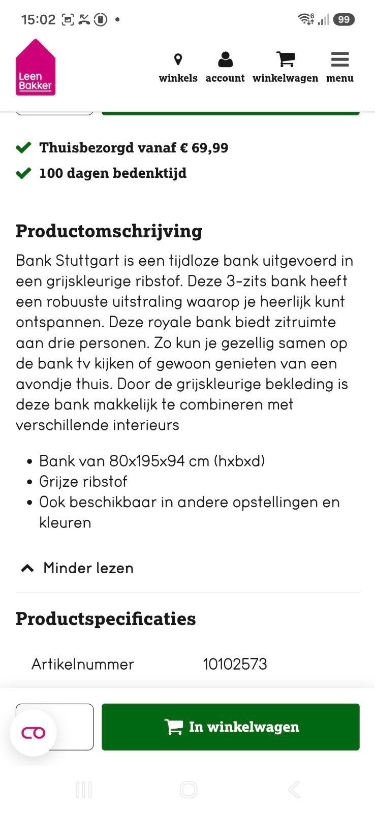 Gratis Stuttgart 3-zits bank in grijs ribstof, Ophalen, Gebruikt, 150 tot 200 cm, Driepersoons