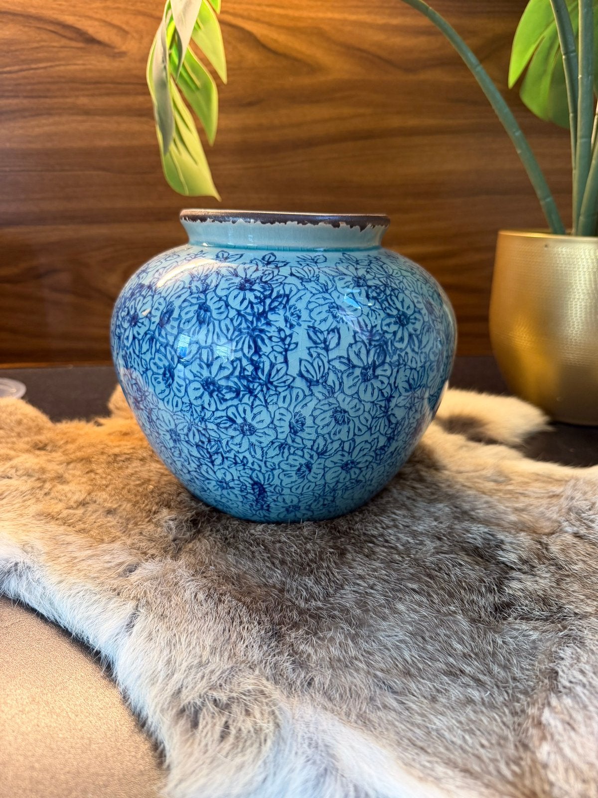 Blauwe Keramische Vaas met Bloemendessin Clayre & Eef, Ophalen, Blauw